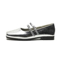 Women's leather Mary Jane flats with cross buckle strap in silver colour