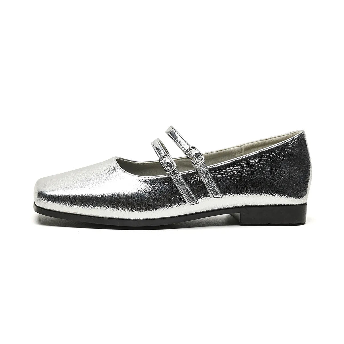 Women's leather Mary Jane flats with cross buckle strap in silver colour