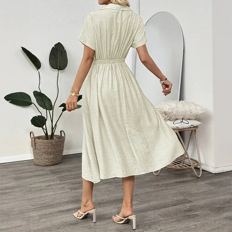 Light green lapel collar shirt dress with waist-tight skirt and commuter pockets