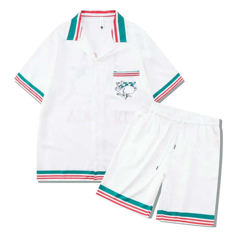 Plaid pattern beach shirt and trousers outfit set in polyester fabric