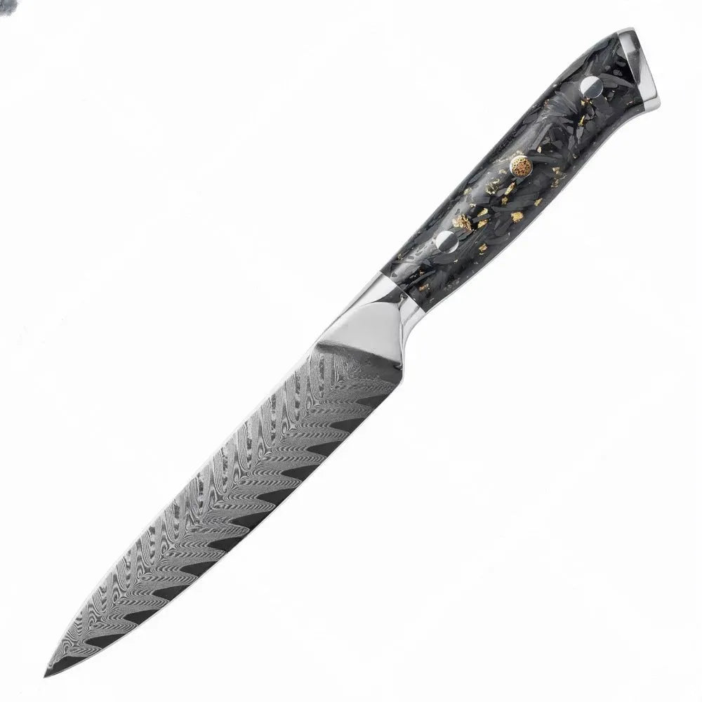 Damascus steel kitchen knife set with eight blades including Japanese and boning knives on a wooden surface