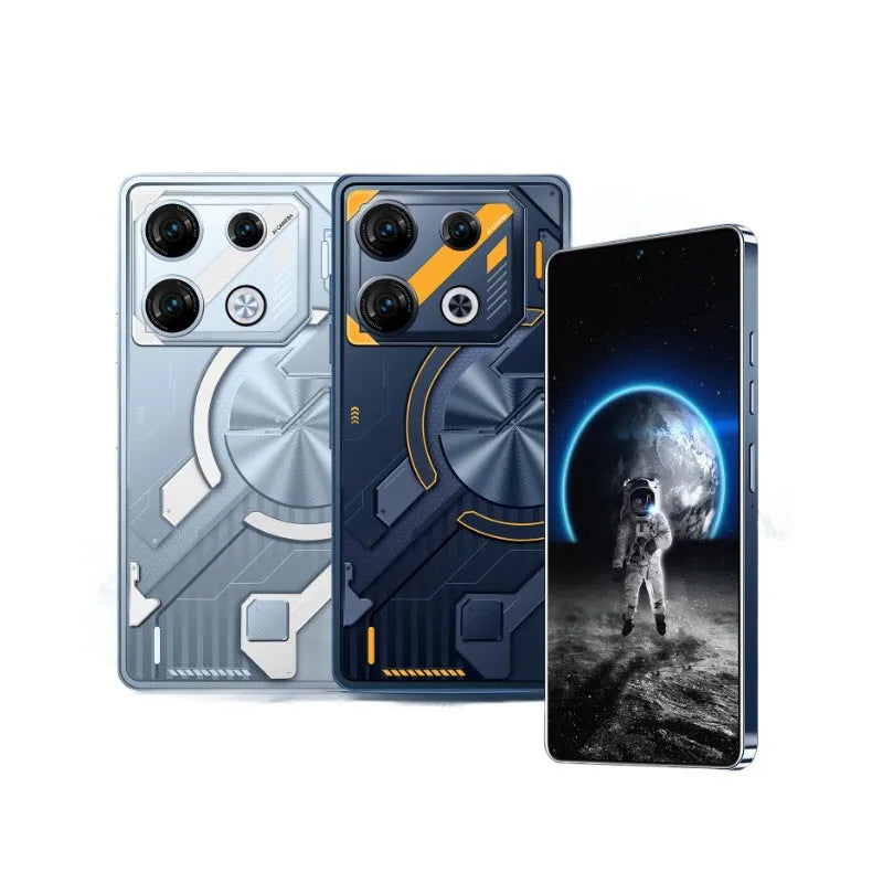 GT10 Pro Blue and Silver Android smartphones showing straight plate design on a surface.