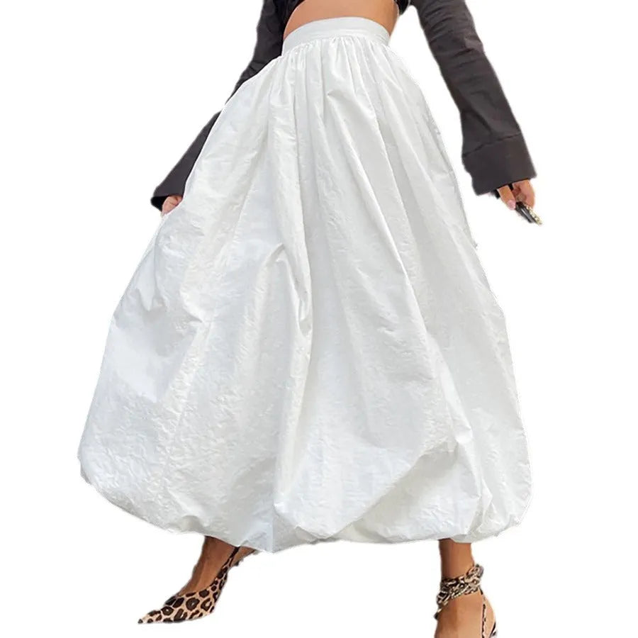 Women's cotton long skirt with elastic waistband in black solid colour A-line design
