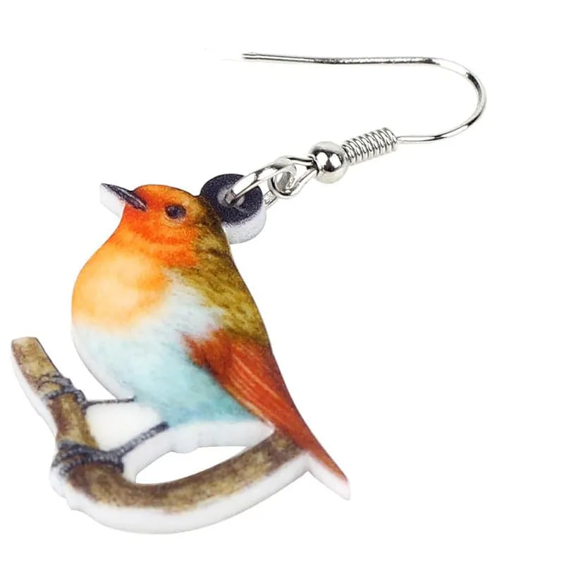 Acrylic Blue Titmouse pendant earrings with geometric bird design and snake elements