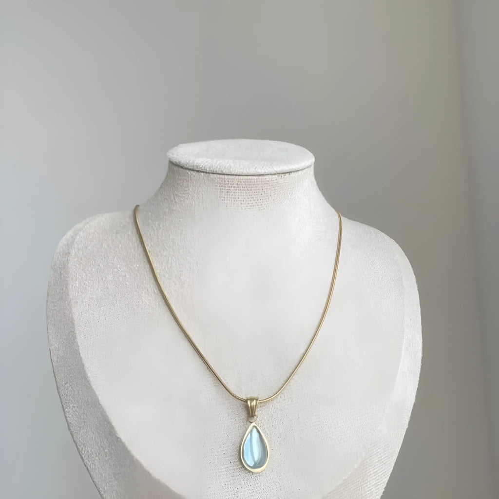 Water drop shaped pendant necklace with titanium steel snake bones chain in blue or green colour options