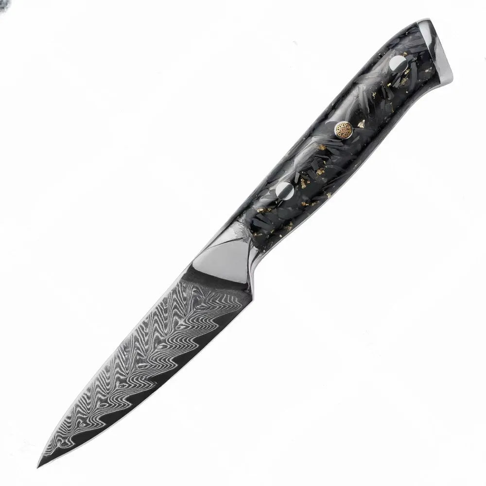 Damascus steel kitchen knife set with eight blades including Japanese and boning knives on a wooden surface