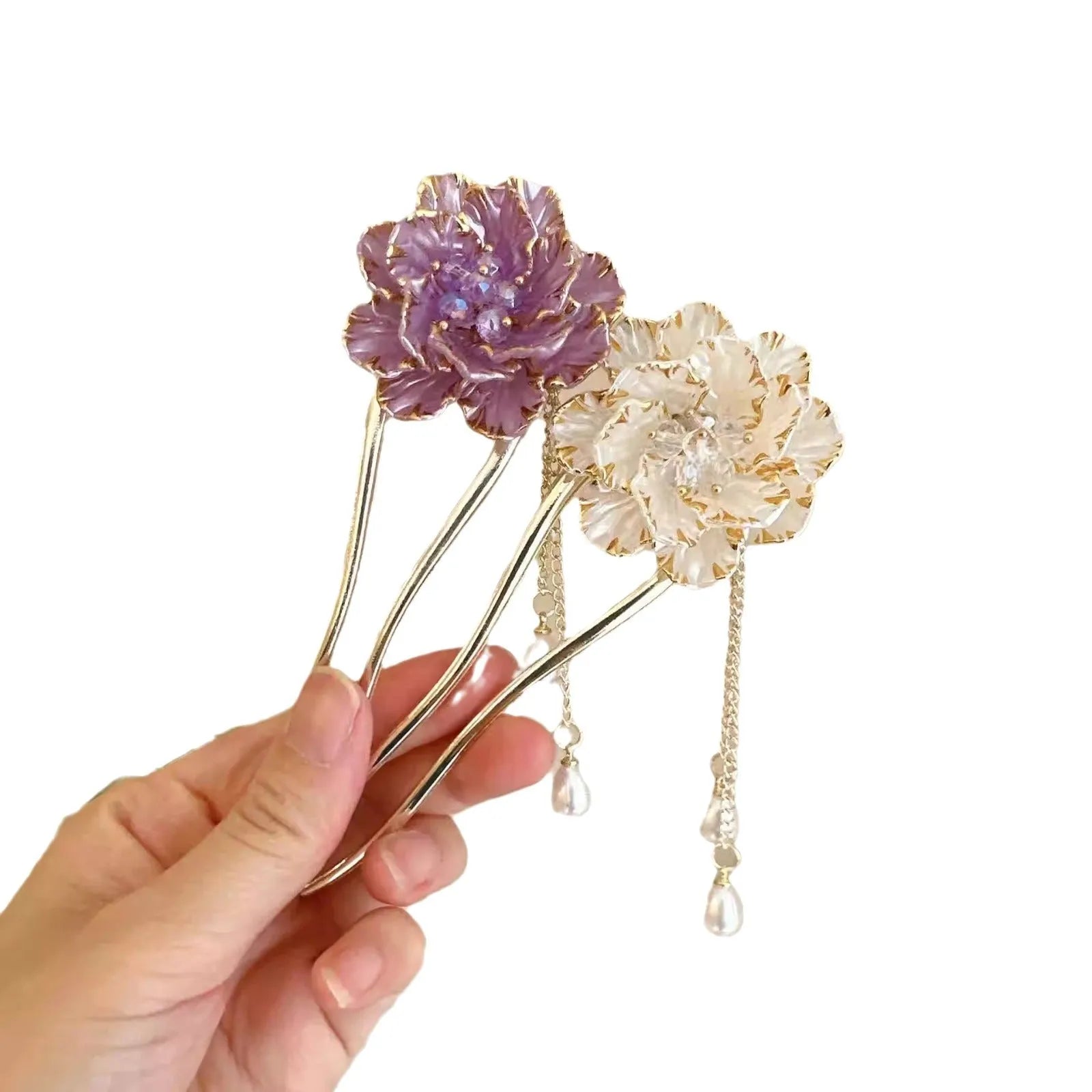 Purple and white peony flower U-shaped hairpin with tassel detailing and alloy construction