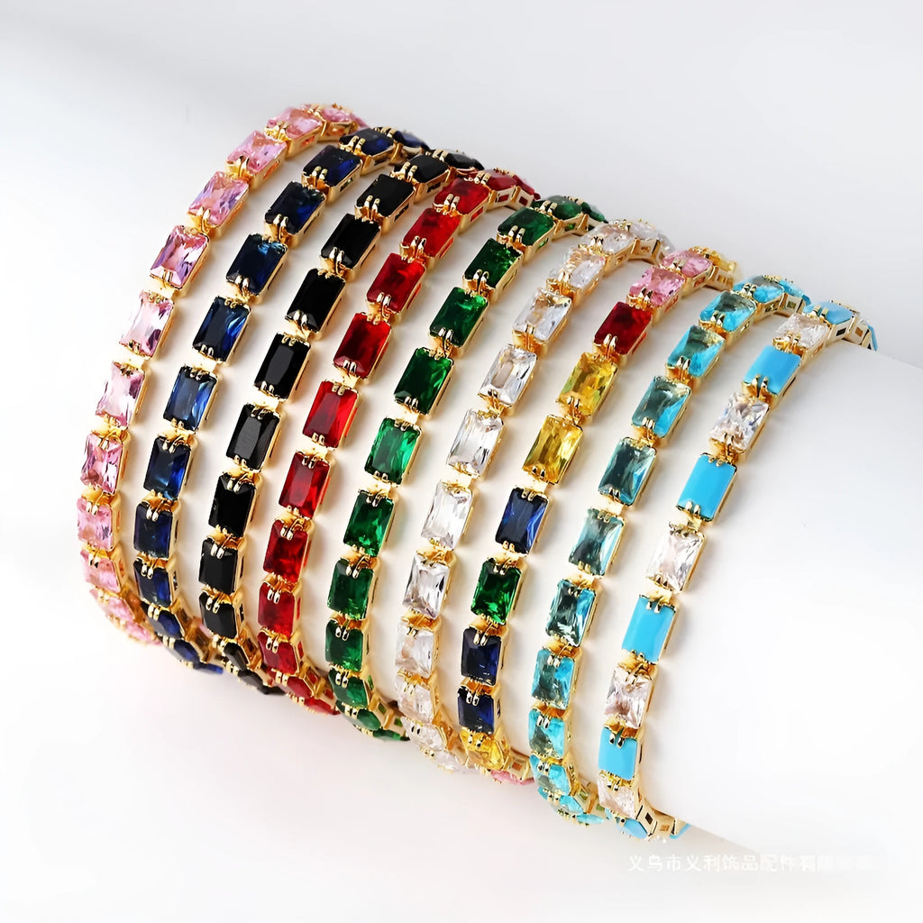 Women's fashion zircon bracelet with electroplated gold or platinum finish and coloured zircon stones