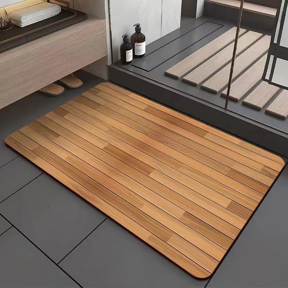 Square diatomite bathroom floor mat with wood grain pattern and non-slip base.
