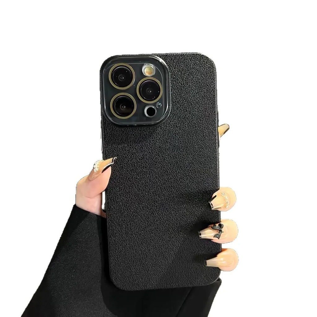 Hard shell phone case with lychee pattern embossing in Black, compatible with iPhone 14 Pro