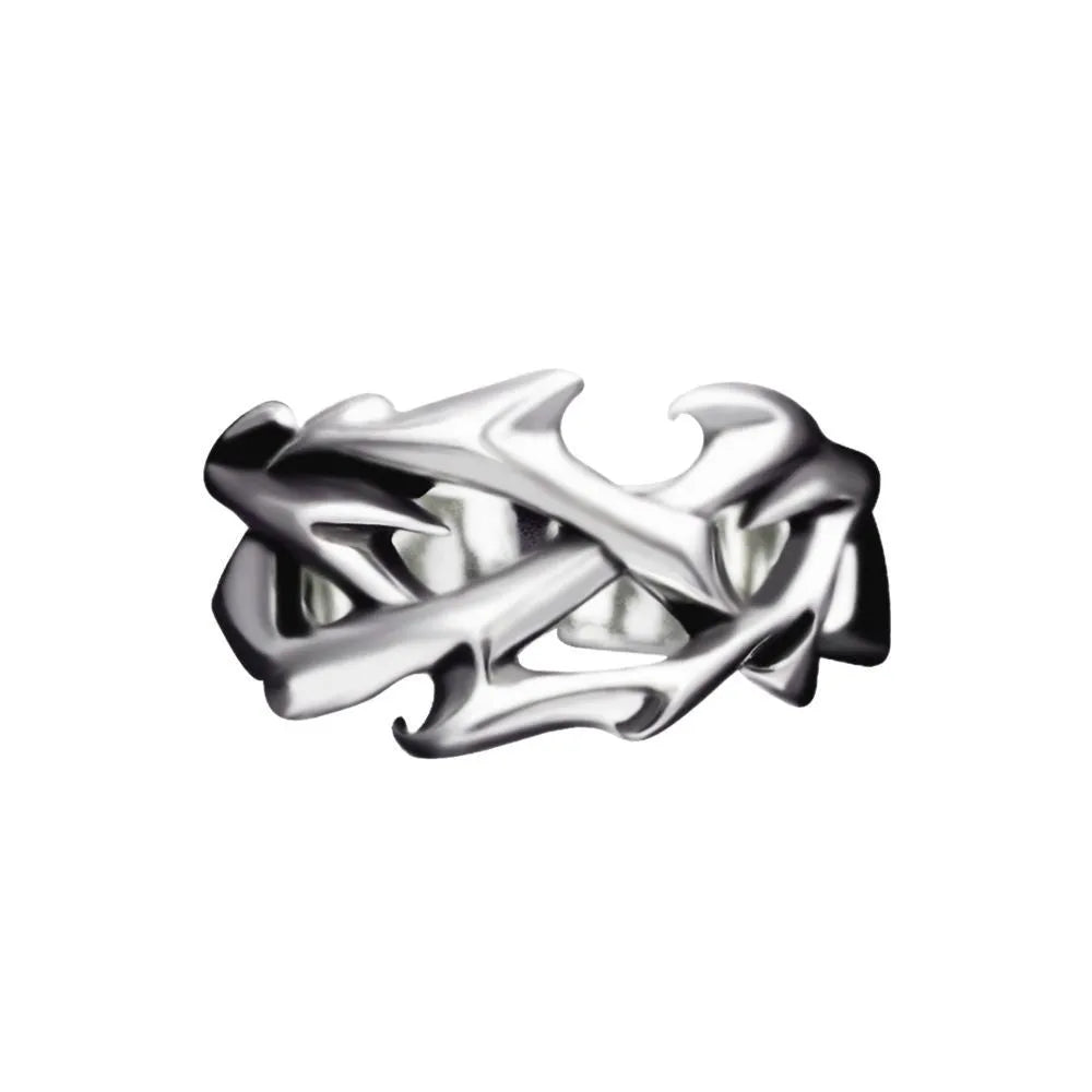Copper geometric ring with thorn and flower design featuring adjustable opening