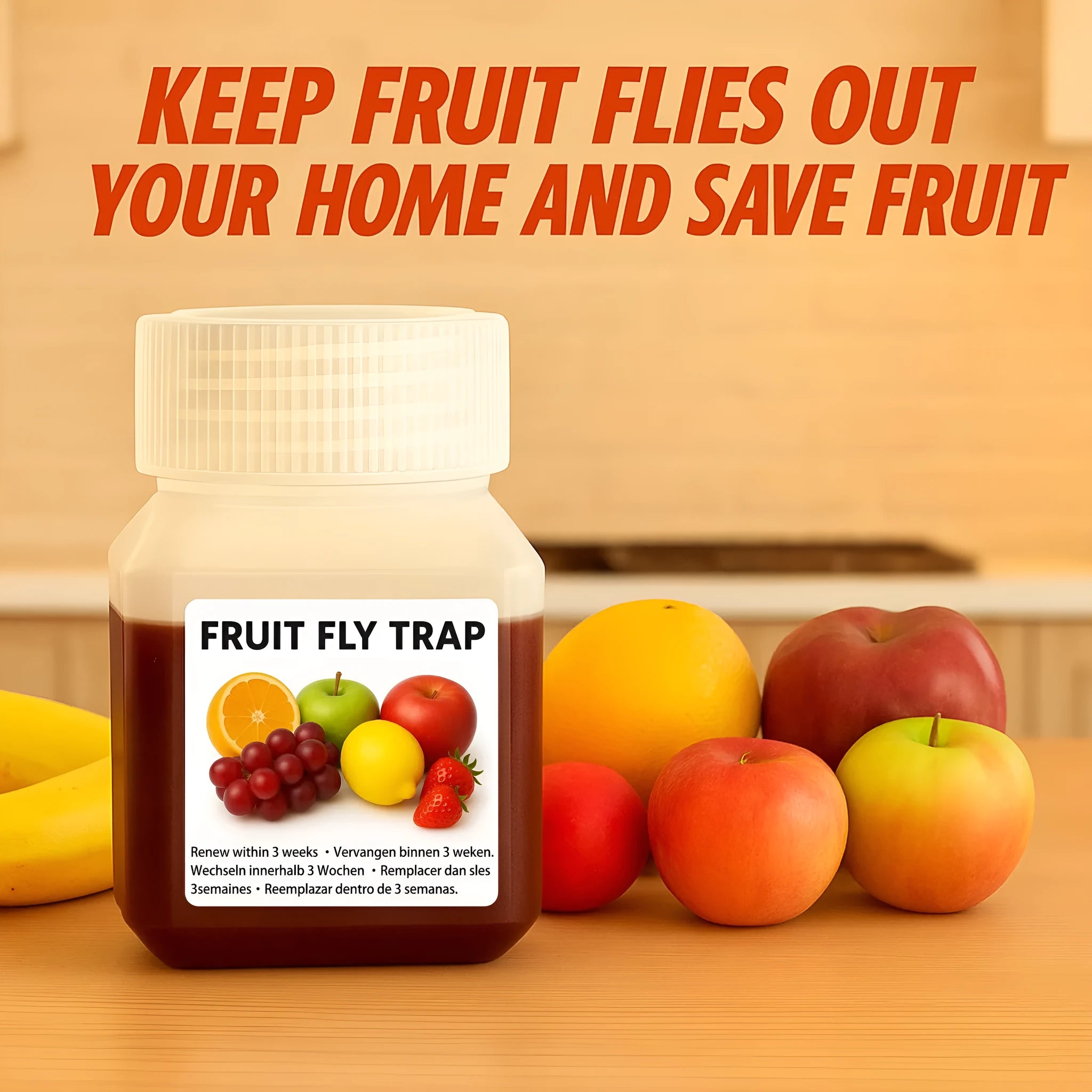 Bottle of liquid fruit fly trap bait for use with SK003 model traps.