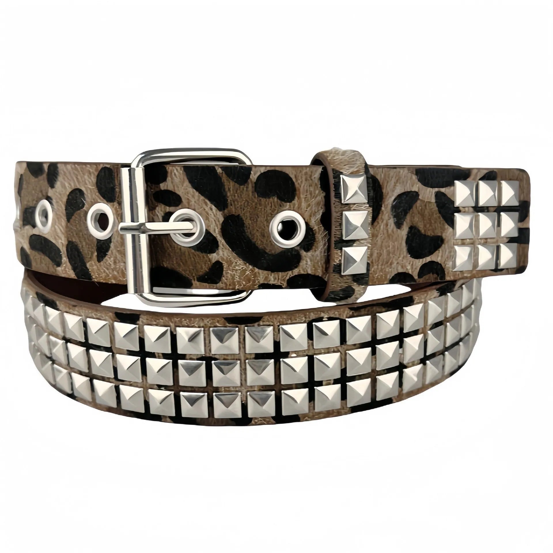 Women's punk-style brown leopard print belt with silver metal pyramid rivets and an alloy buckle.