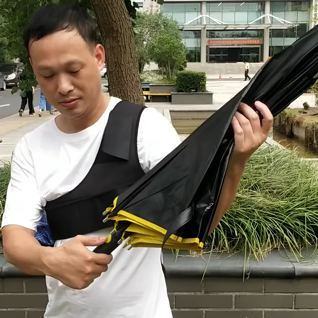 Black portable umbrella holder with fixed shoulder strap for hands-free use, made from diving cloth.