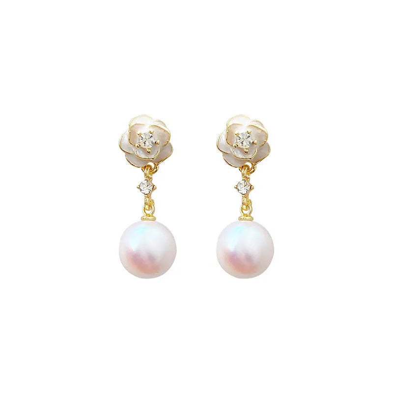 Camellia flower stud earrings for women in alloy metal with floral design