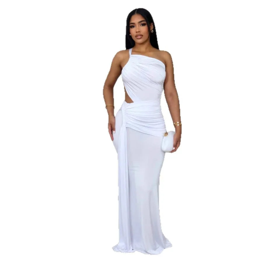 Women's one-shoulder pleated dress in milk silk polyester available in green, orange and white colours