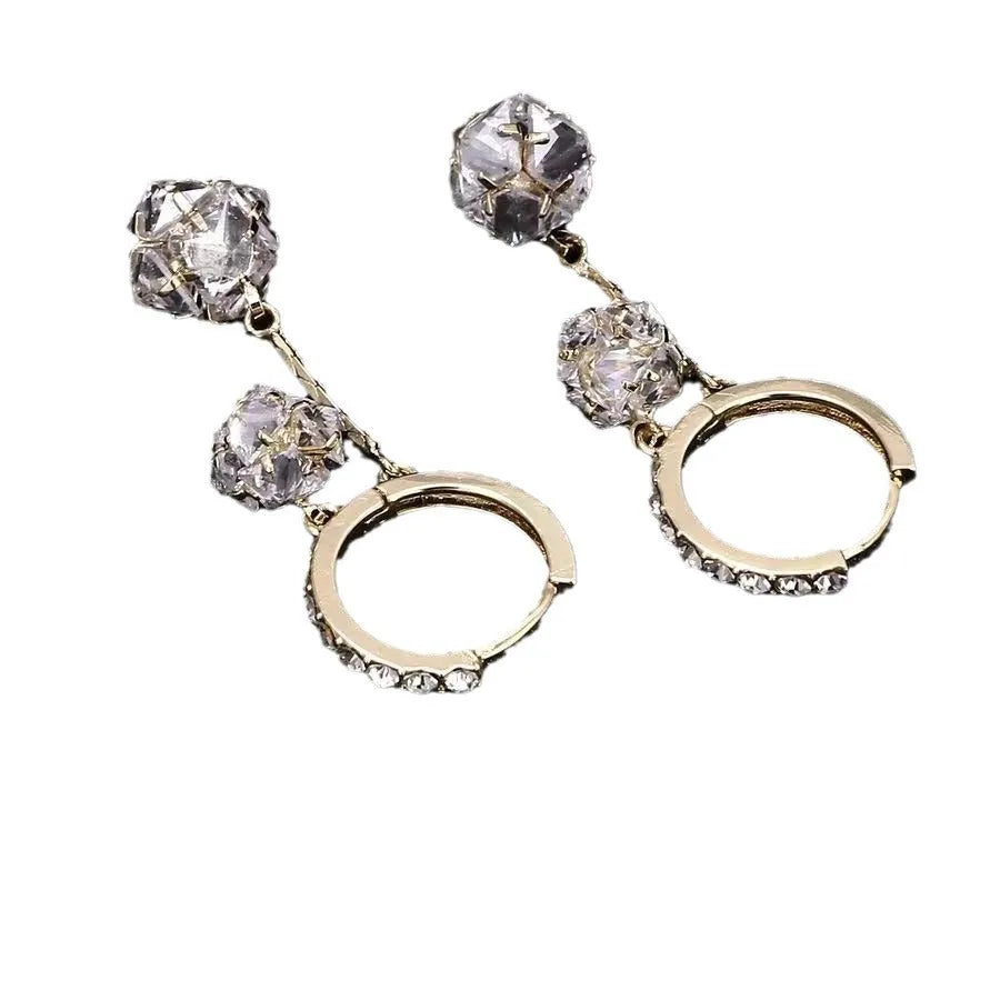 Silver drop shape women's earrings with rhinestone ball and tassel pendant designs