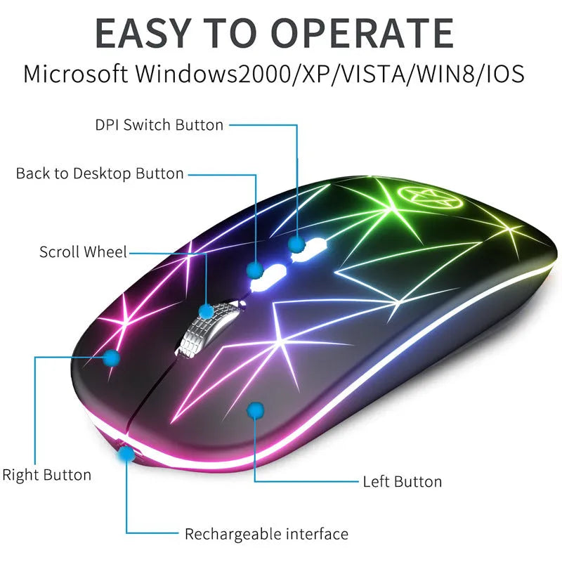 Wireless Bluetooth gaming mouse with RGB lighting and metal scroll wheel in black colour