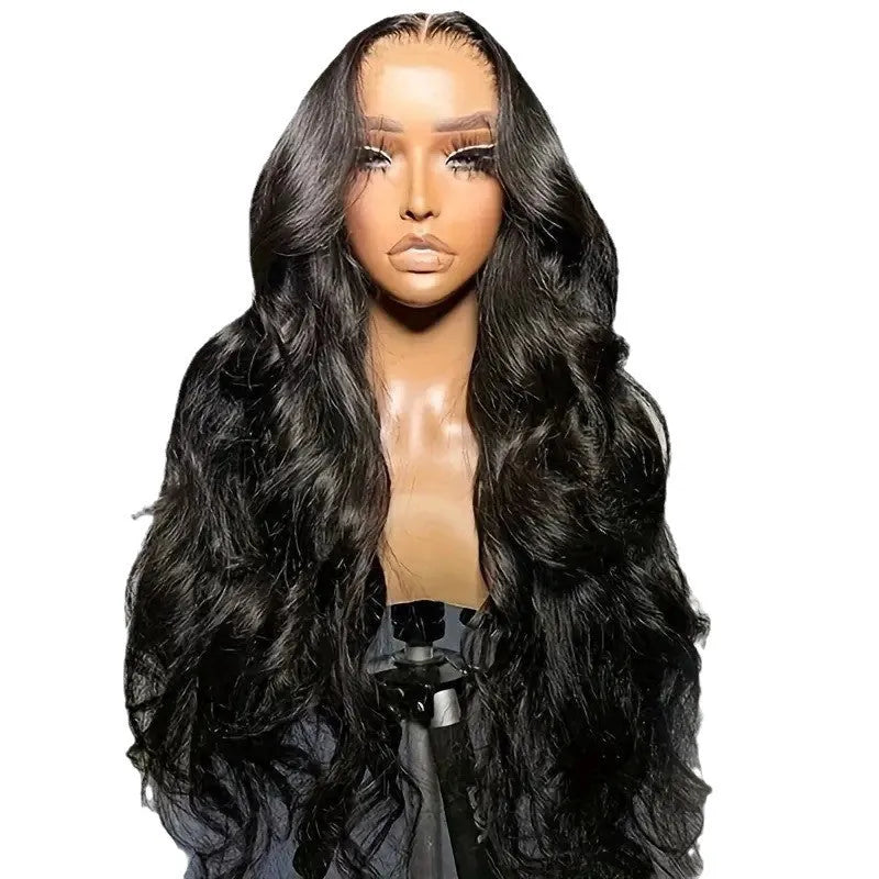 Black synthetic wig with large waves on a lace base, shown with size options from 16 to 32 inches.
