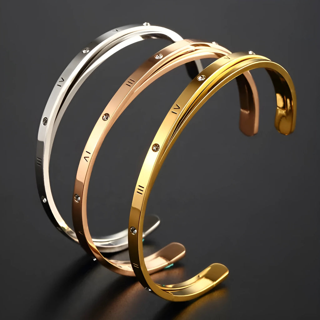 Open-ended stainless steel ladies bracelet with zircon stones in gold, rose gold, or steel colour options