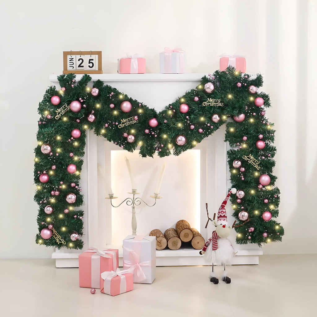 2.7 metre pink Christmas rattan wall decoration with 240 decorative elements and lighting options