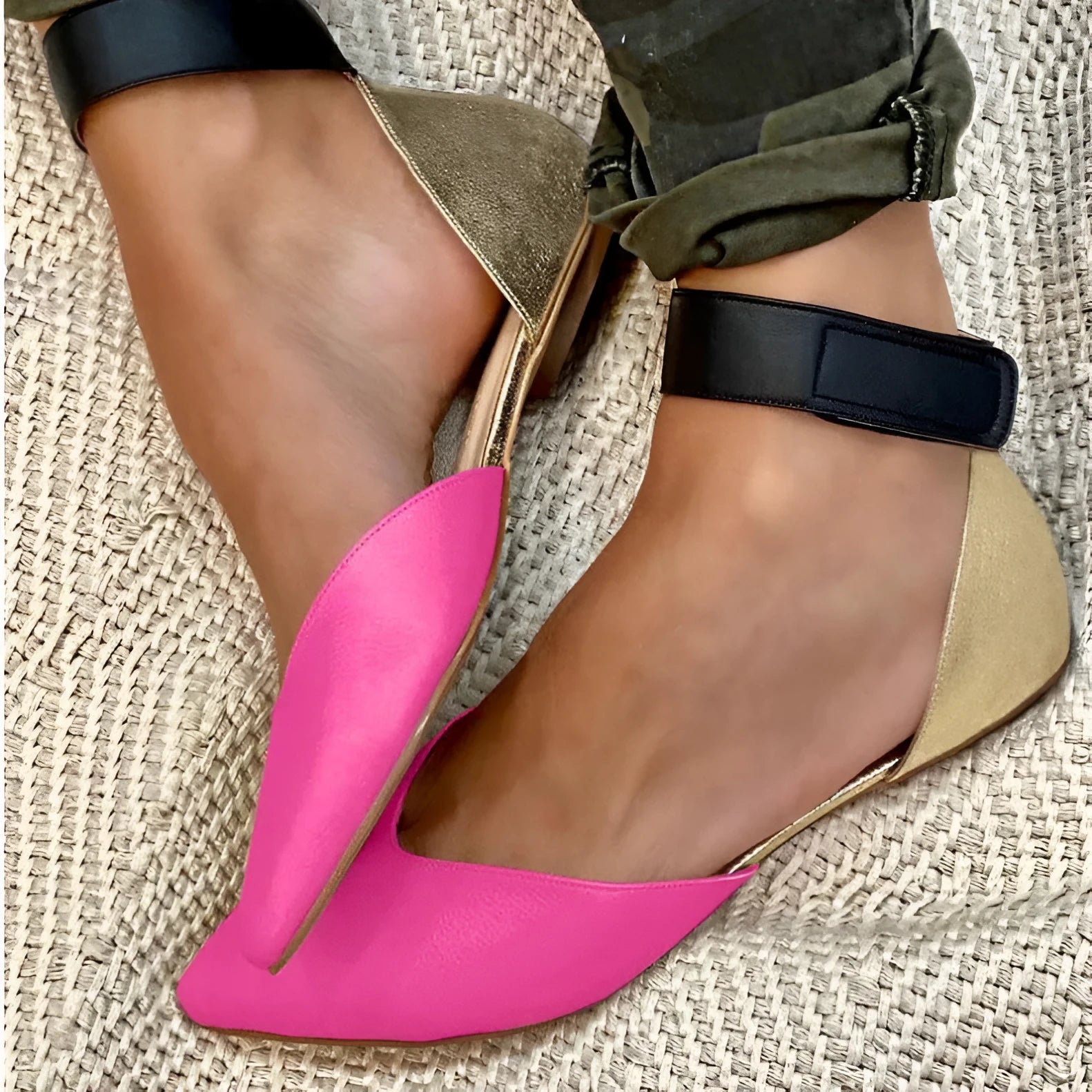 Women's flat velcro sandals in beige with a hollowed design and adjustable strap.