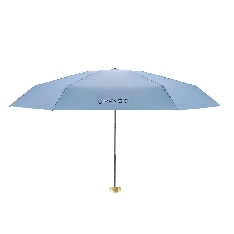 Flat folded mini pocket sun umbrella with alloy ribs and rubber handle, shown in multiple colour options.