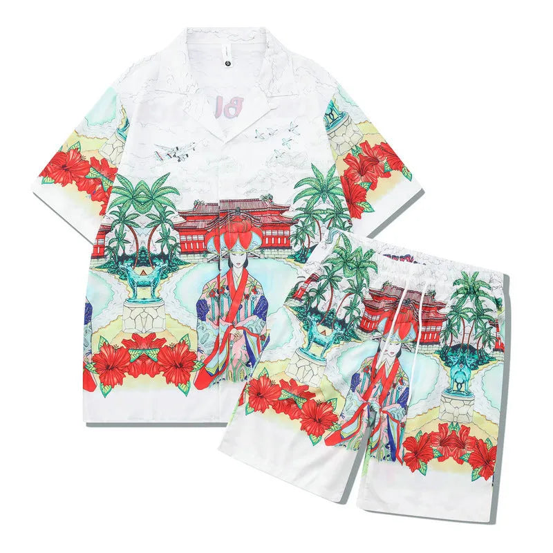 Plaid pattern beach shirt and trousers outfit set in polyester fabric