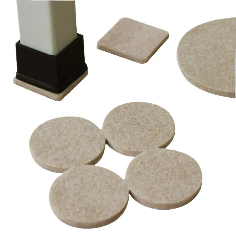 Assorted beige plastic chair leg stoppers in round and square shapes on a wooden floor.