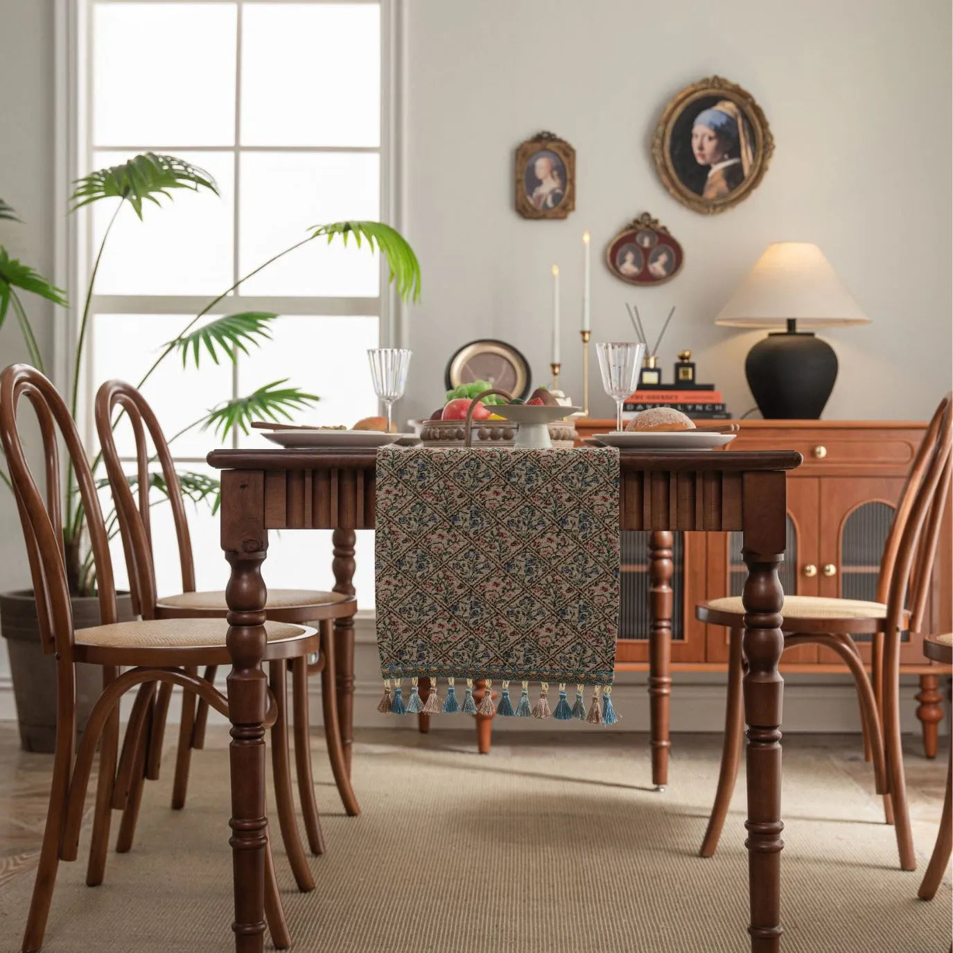 Nordic jacquard table runner with tassel trim in dark blue stripe pattern on wooden table