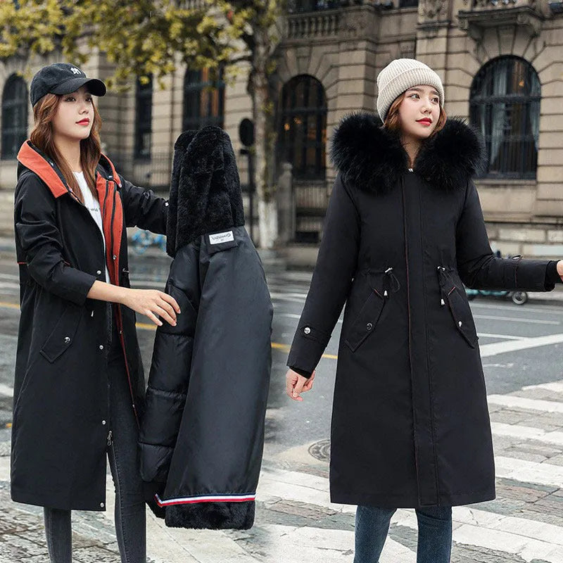 Women's long cotton-padded fleece trench coat in bean green colour with two-way zip and extended 100cm length
