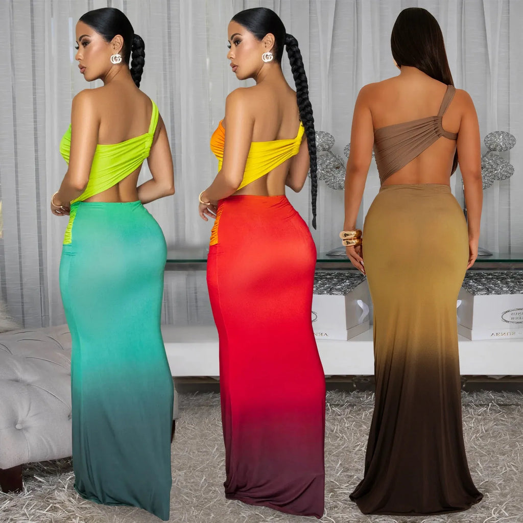 Women's gradient colour summer dress with cross-shoulder design and high-waisted long skirt.
