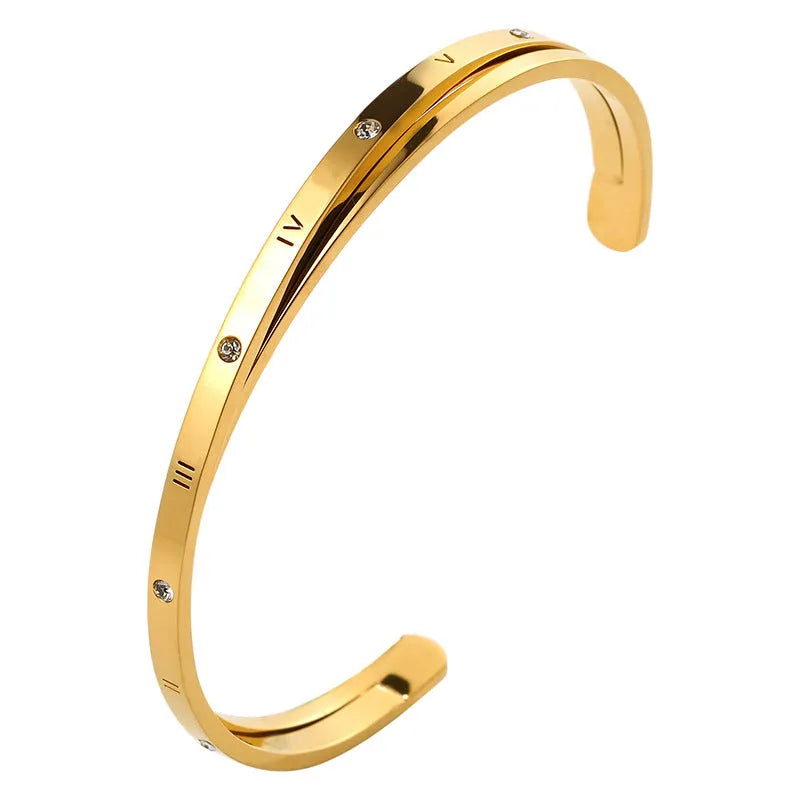 Open-ended stainless steel ladies bracelet with zircon stones in gold, rose gold, or steel colour options