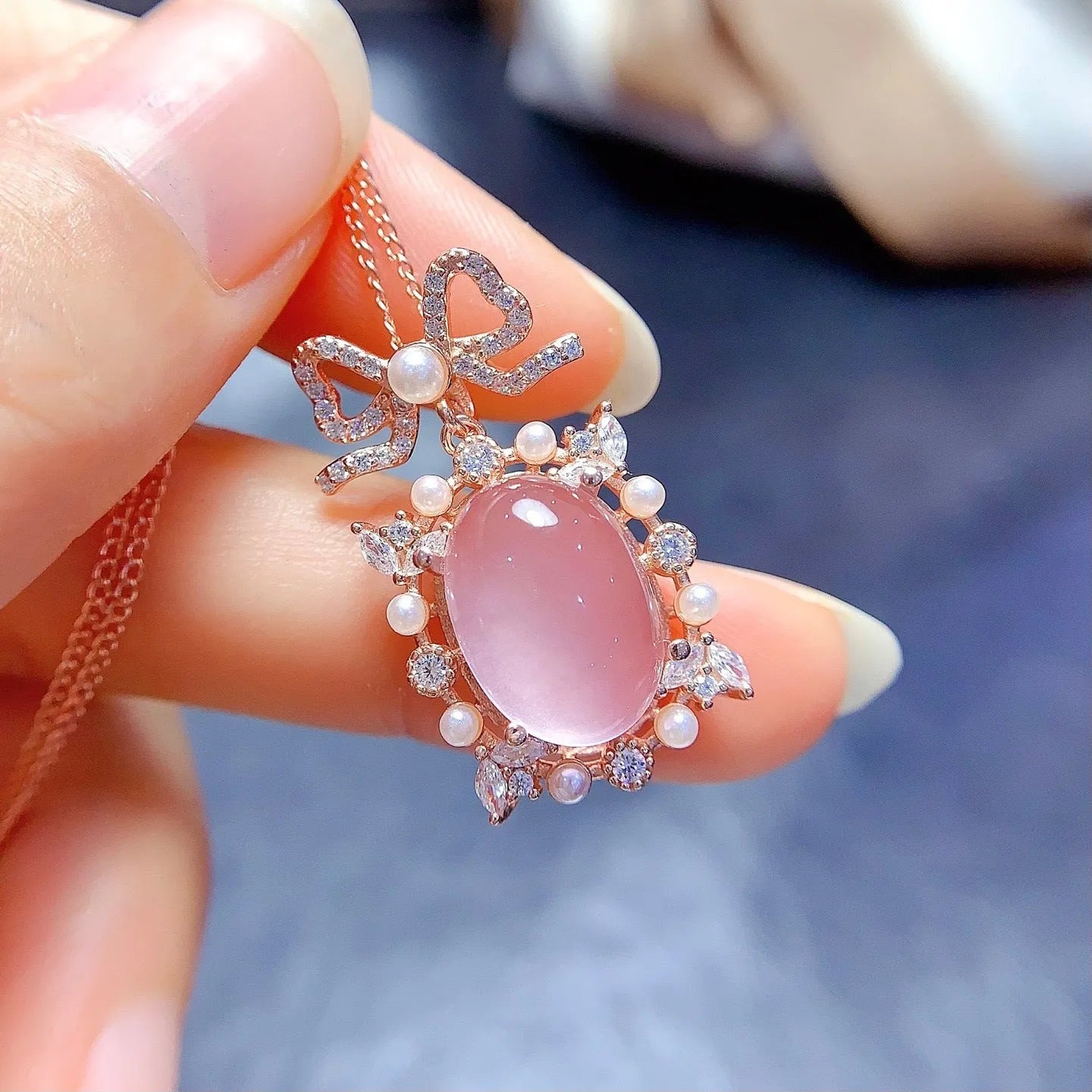 Geometric rose quartz pendant on 925 sterling silver chain with rose gold plating accents