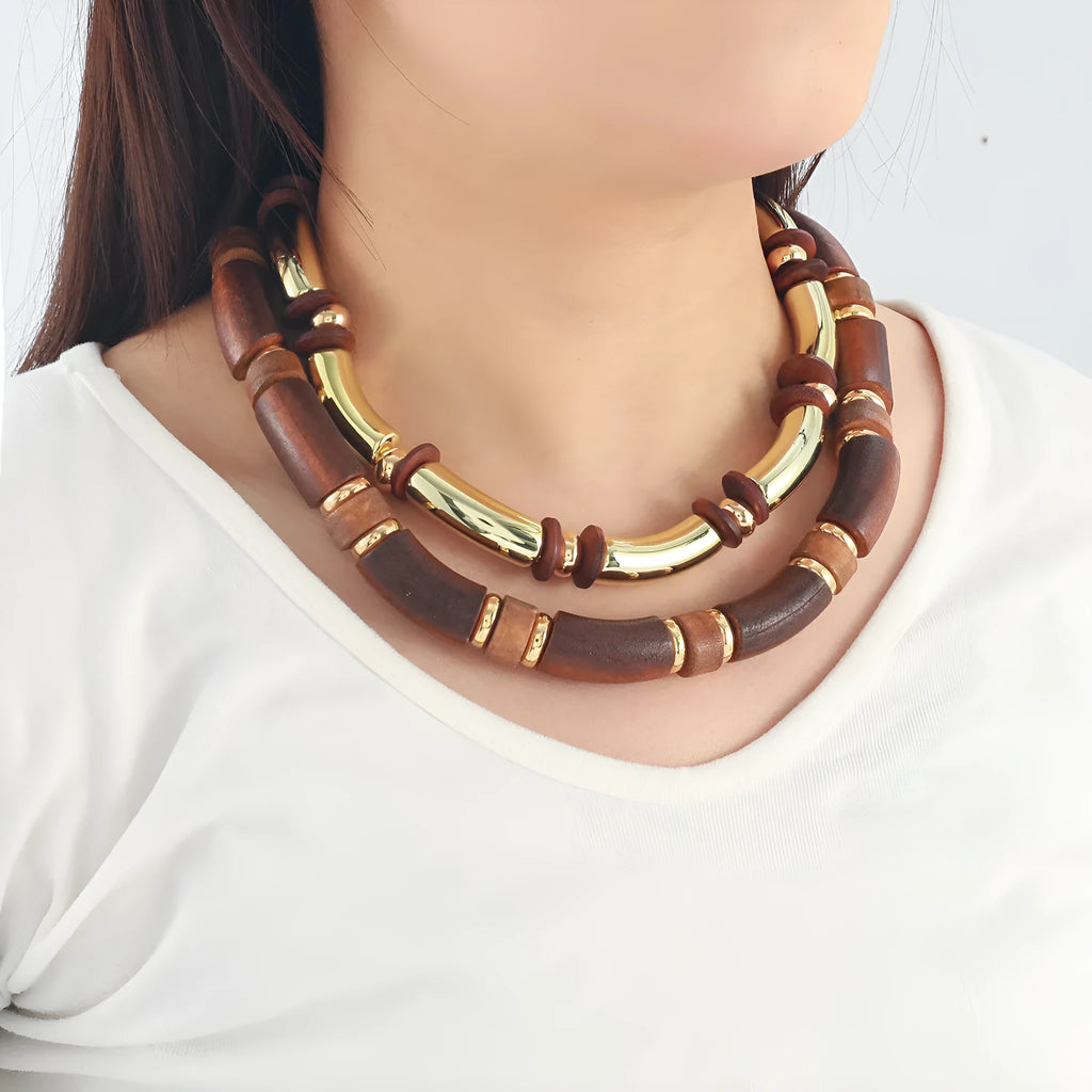 Multi-layer wooden necklace and bracelet set with alloy round pendant
