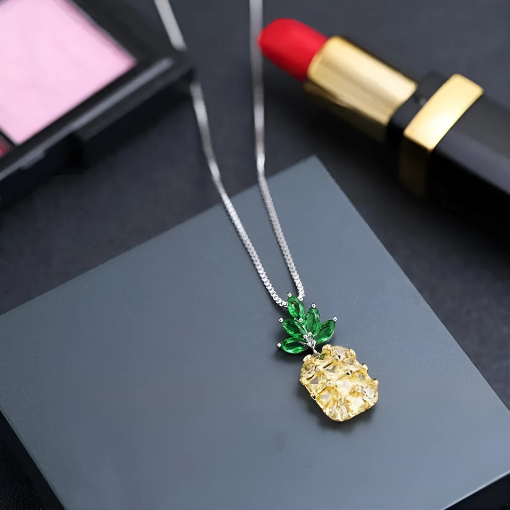 Korean women's necklace with geometric pineapple diamond pendant in silver finish