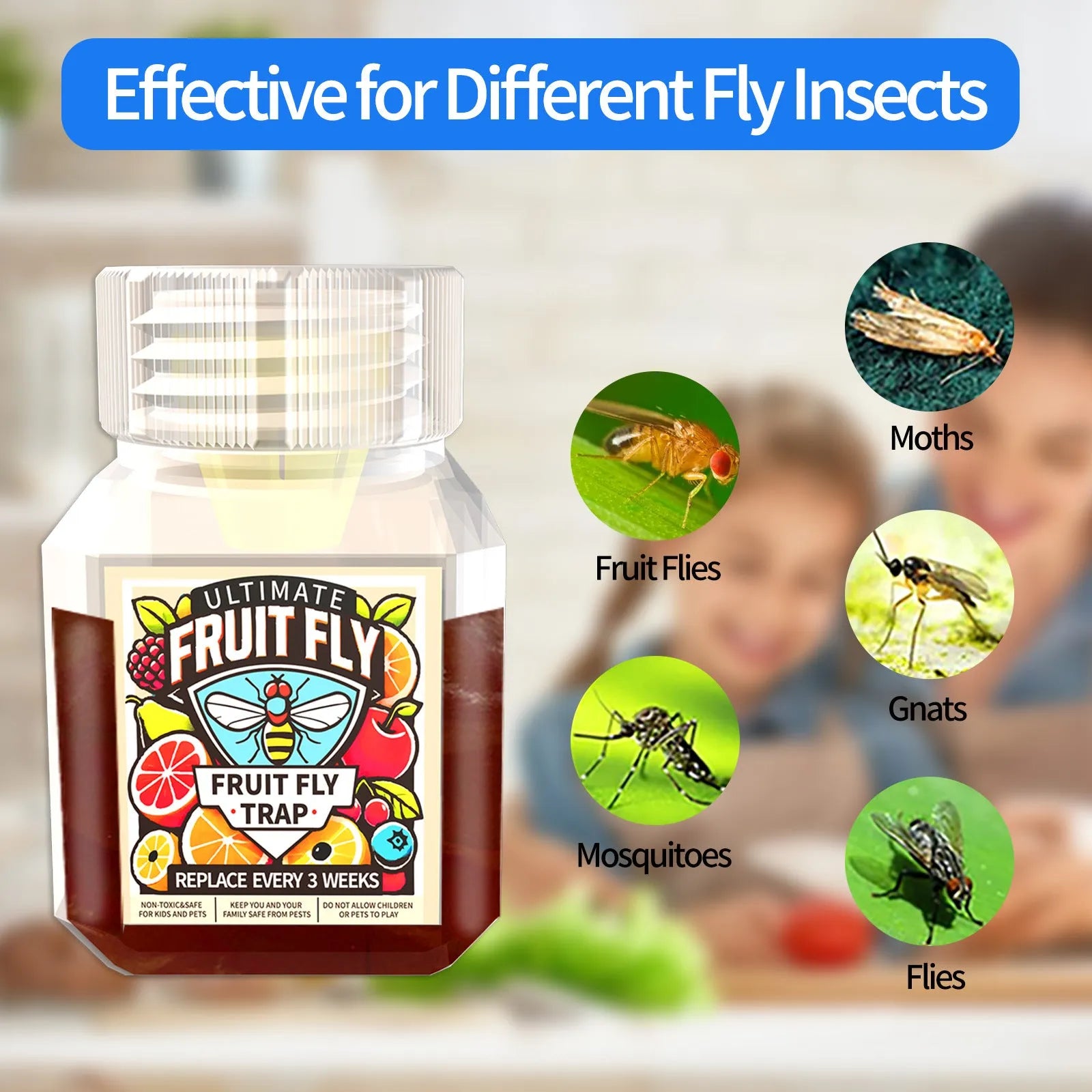 Bottle of liquid fruit fly trap bait for use with SK003 model traps.