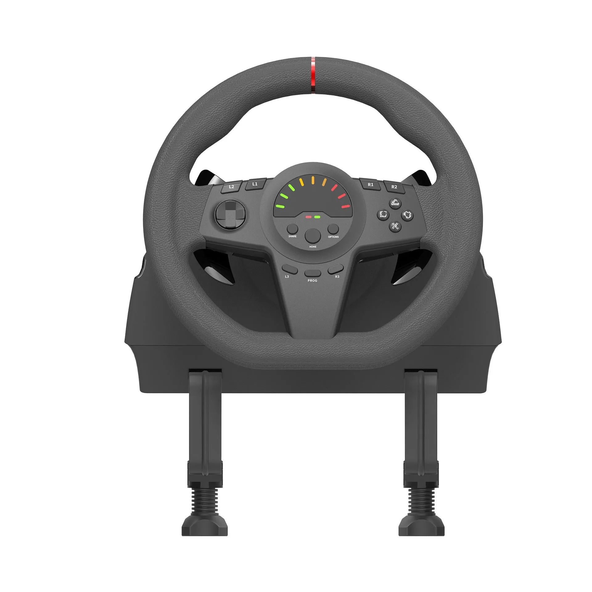 Black multi-platform steering wheel game controller with two pedals and LED display