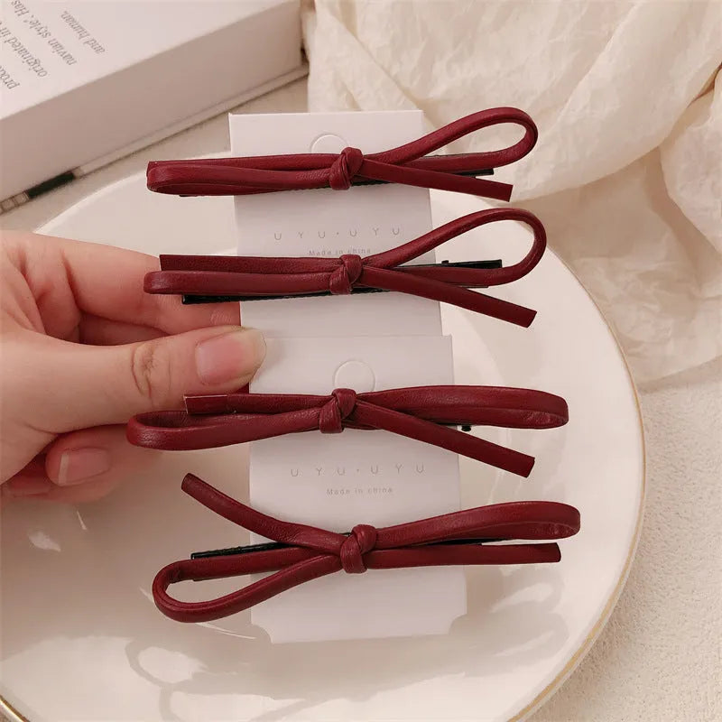 Wine red leather bow hair barrettes handcrafted women's hair clip accessories