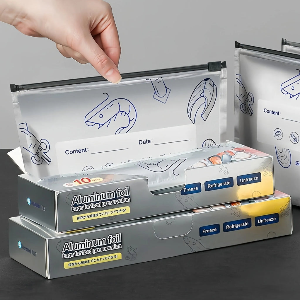 Set of reusable aluminium foil fresh-keeping bags with sealing function in three different sizes.