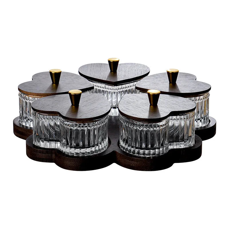 Glass snack platter with heart-shaped bowl lid compartments in mild luxury retro style