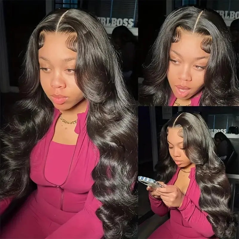 Black synthetic wig with large waves on a lace base, shown with size options from 16 to 32 inches.