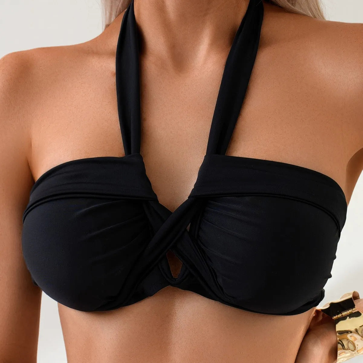 Black backless bikini swimsuit with European styling and solid colour design