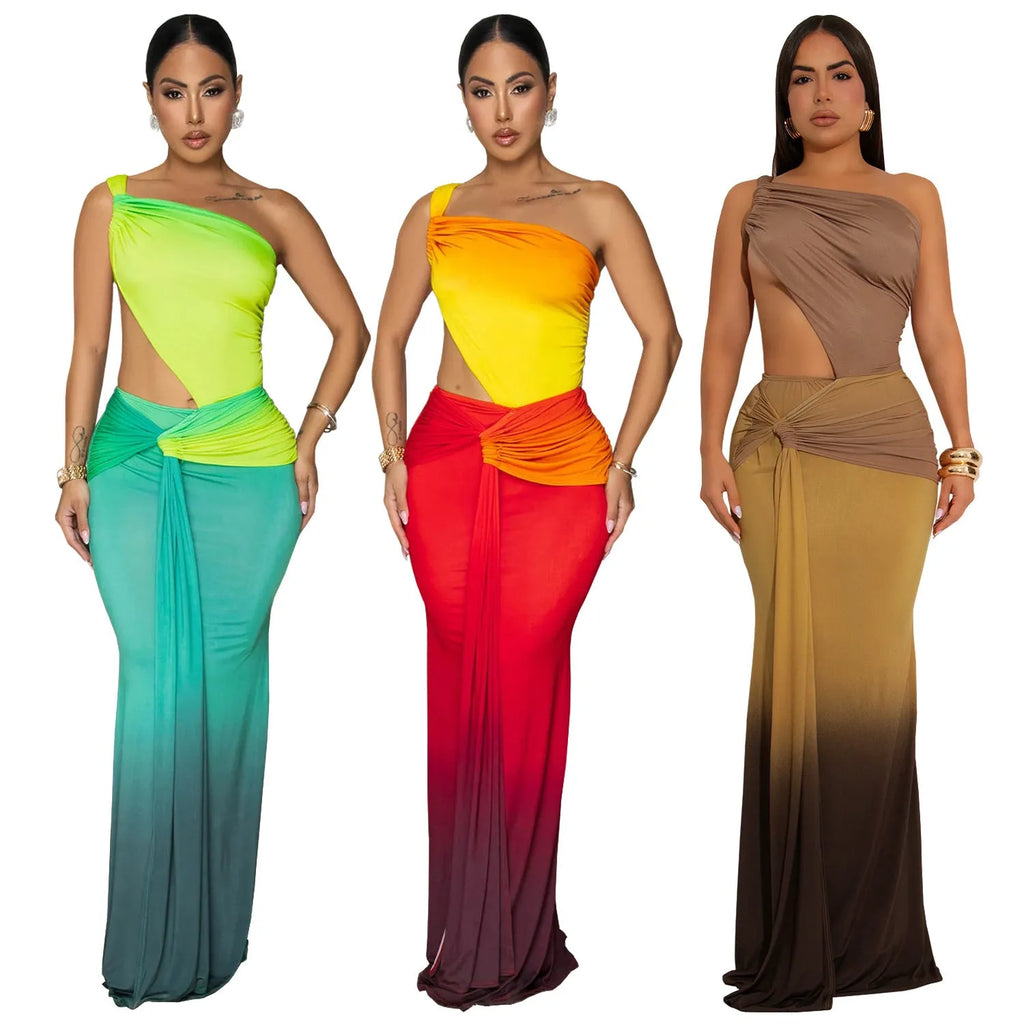 Women's gradient colour summer dress with cross-shoulder design and high-waisted long skirt.