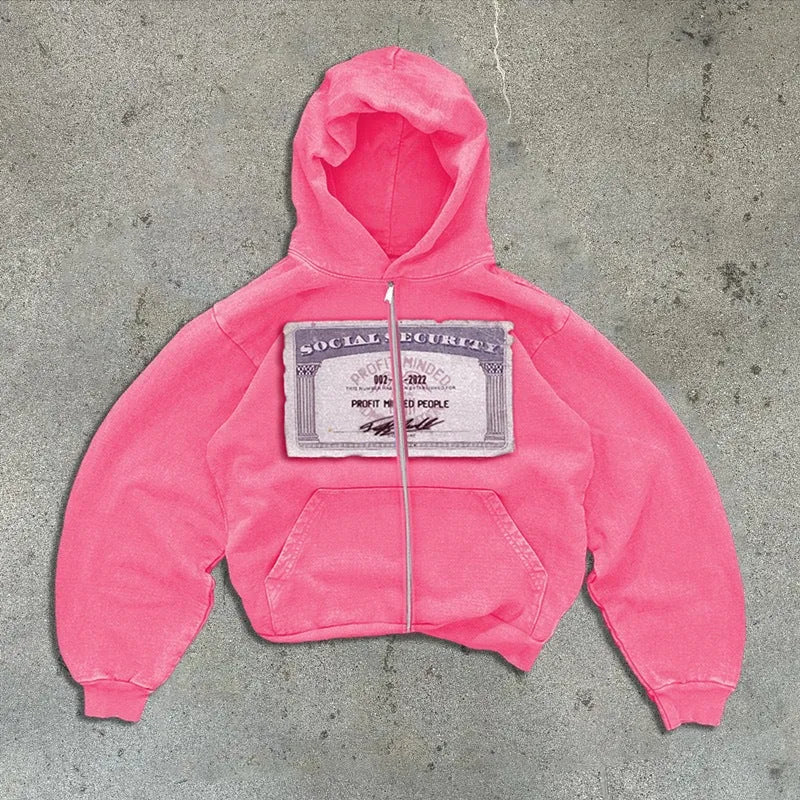 A loose fit black hoodie jacket with a letter pattern, full zip front, and zippered pockets.