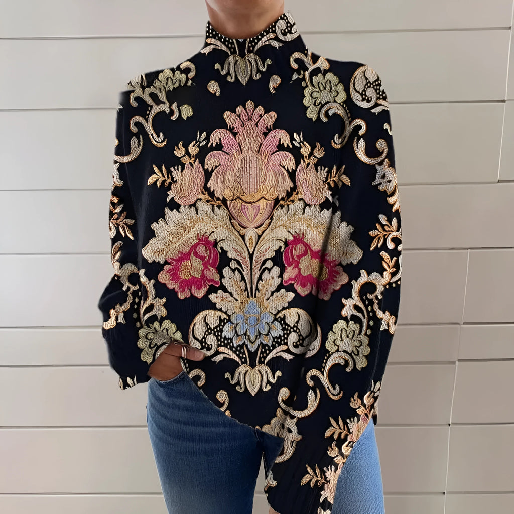 Black 3D pattern printed loose fit turtleneck long sleeve sweater on a model