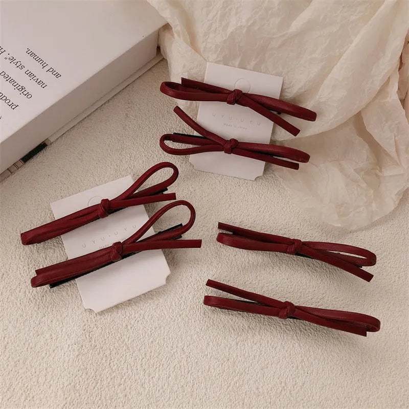 Wine red leather bow hair barrettes handcrafted women's hair clip accessories