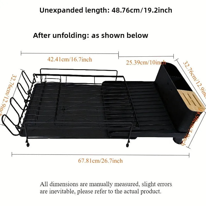 Retractable carbon steel dish rack for cutlery and cup drying over kitchen sink