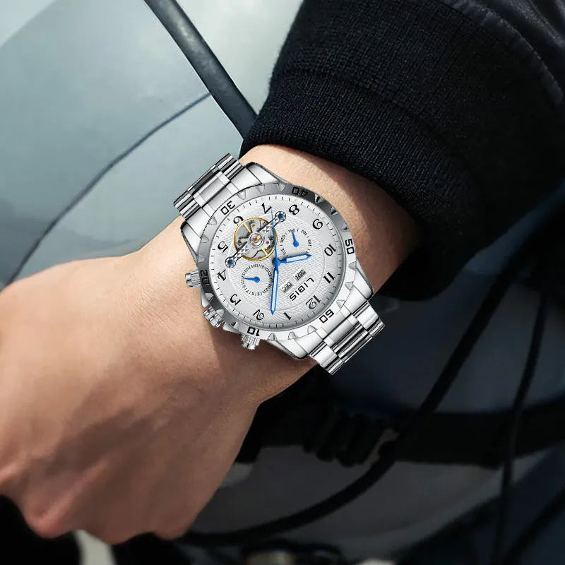 Silver steel automatic perpetual calendar men's watch with sapphire crystal glass