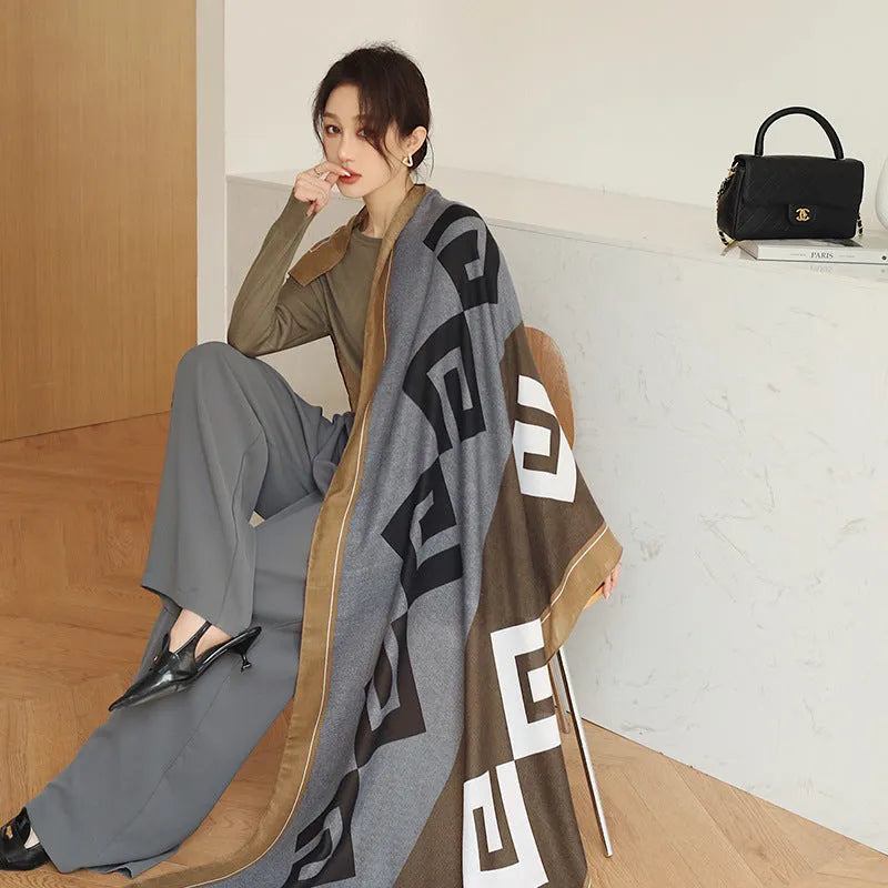 Polyester printed scarf shawl showing 90cm by 180cm dimensions and autumn-appropriate designs